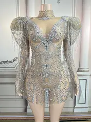 Club Sexy Stage Evening Birthday Celebrate Transparent Rhinestone Big Sleeves Skirt Costume Women Dancer Prom Stones Host Outfit