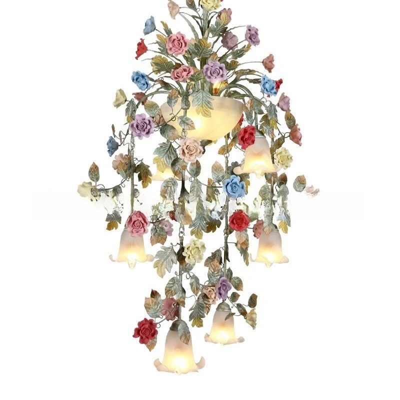 

American pastoral chandelier creative flower chandelier living room atmosphere chandelier villa staircase light Korean wrought