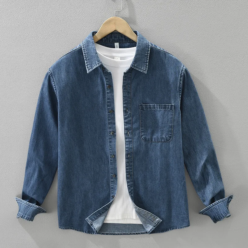 

Japanese Retro Blue Denim Shirt Men Spring Fall New Mens Long Sleeve Jean Top 90%Cotton Casual Shirts Square Collar Shirt Simple