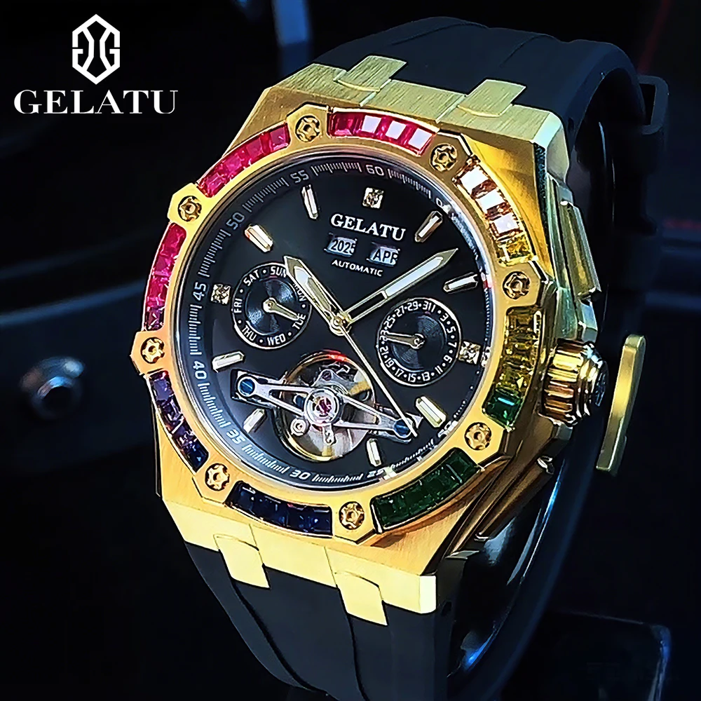 GELATU Men's Watches Trend Fashion Original Automatic Mechanical Wristwatch for Man Silicone Strap Waterproof Luminous Calendar