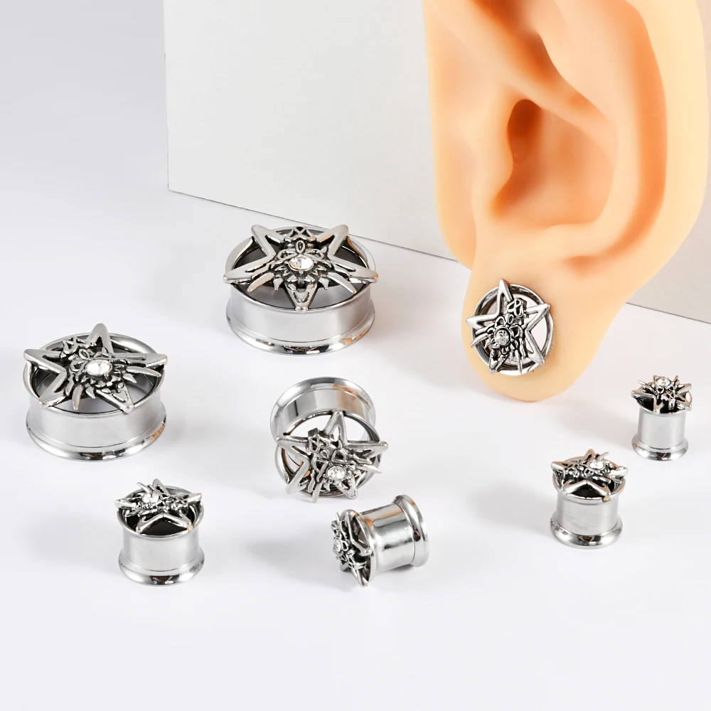 Spider&Star Zircon Ear Gauges Stainless Steel Ear Tunnels Internal Thread Double Flared Expander Stretcherd for Ears Piercing