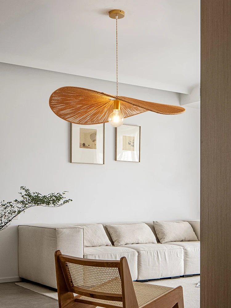 

Nordic Modern Pendant Lights Living Room Bedroom Restaurant Retro Japanese Creative Art Hemp Rope Straw Hat Hanging Lamps