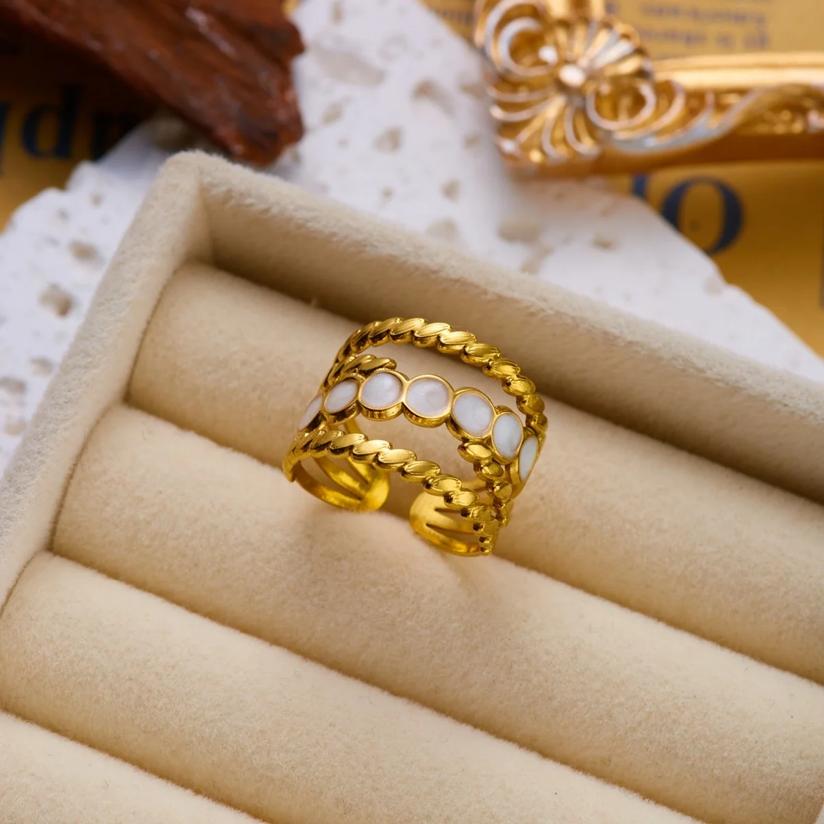 Edelstahl Blau Naturstein Geometrische Fingerringe für Damen und Herren Französischer Vintage Sonnenblumen-Blatt Runder Ovaler Ring Schmuck – Detail 33