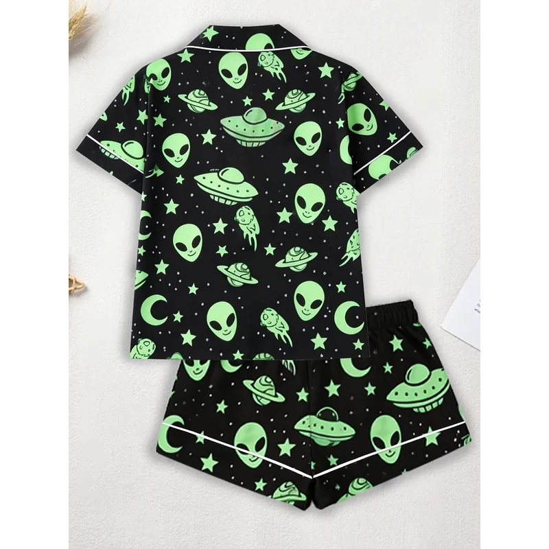 Women's Alien Planet Space Print Pajama Set Short Sleeve Button Up Shirt Shorts Soft Casual Sleepwear Loungewear Homewear