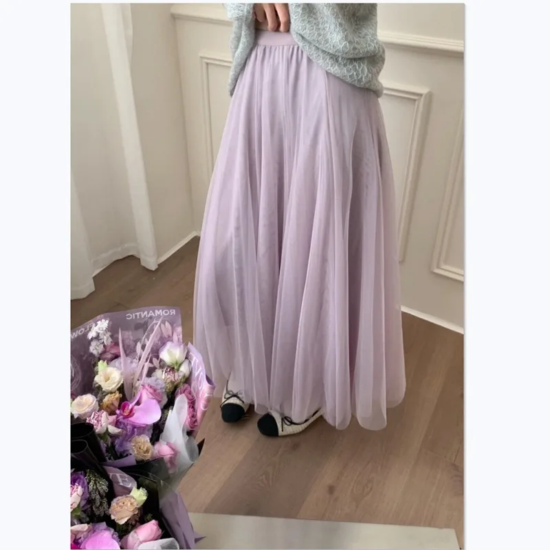 

2025 A-word Vertical Mesh Skirt, Covering The Long Skirt with A Large Swing, Apricot High Waist and Thin Gauze Skirt