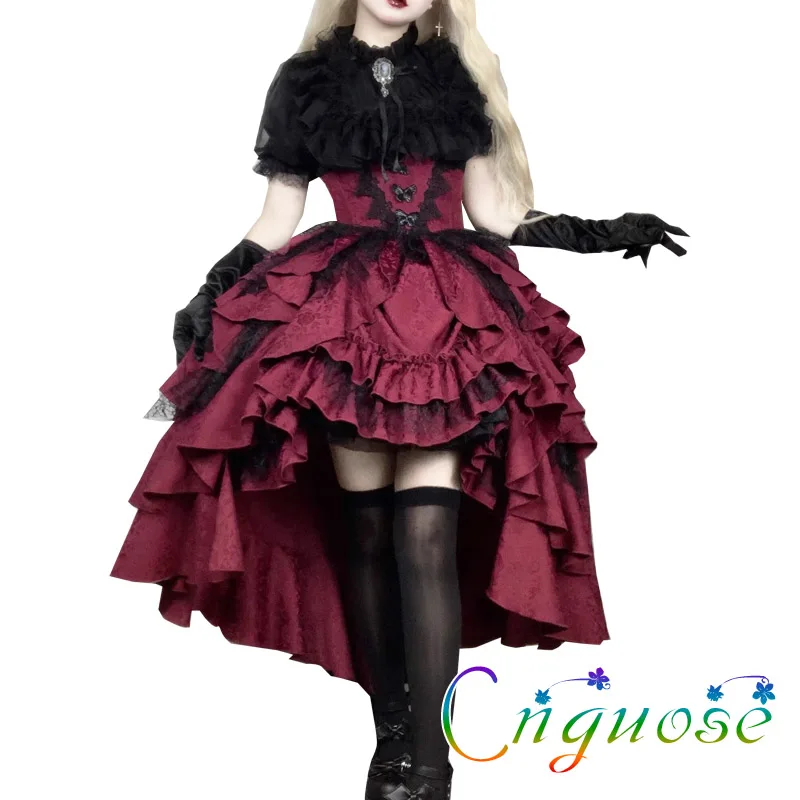 2024 Dark Gothic Lolita Black Shirt Red Pull up Top Shirt Skirt Set Lolita Asymmetric half skirt two-piece set