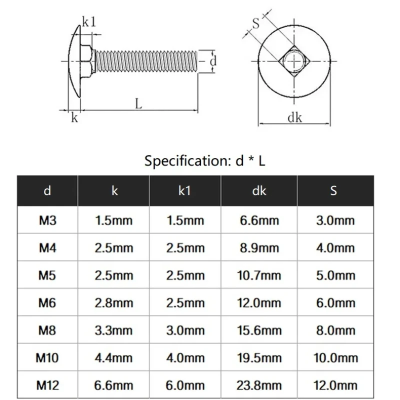 M3 M4 M5 M6 Black 304 Stainless Steel Carriage Bolts Round Head Square Neck Coach Screws Length 8mm-100mm