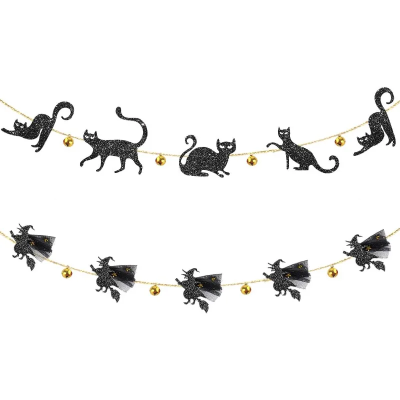 Jingle Bell Glitter Black Cat Banner 3D Flying Witches Garland Hanging Backdrop for Happy Halloween Theme Birthday Party Supplie