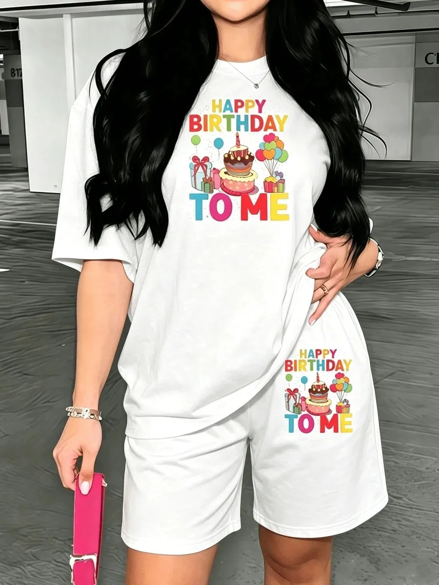 2026 summer popular street casual fashionable versatile comfortable 3D Happy Birthday letter pattern printed women's short-sleev