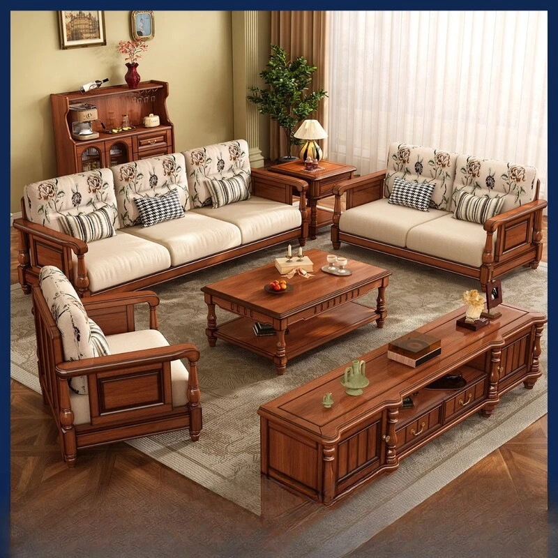 Amerikanisches Massivholz-Sofa, gerade Reihe, dreisitzig, für große und kleine Wohnungen, Stoffbezug, Mehrsitzer-Holzsofa-Kombination