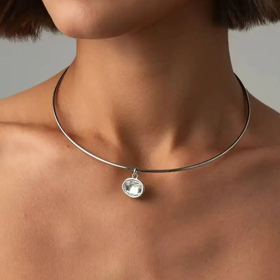 SHIXIN 2026 Fashion Geometric Rhinestone Pendant Short Choker Necklace Women Simple Metal Adjustable Clavicle Chain Jewelry Gift