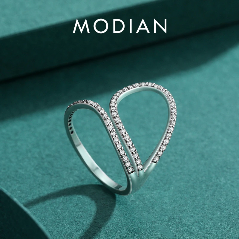 MODIAN-Anillo de Plata de Ley 925 con circonita cúbica para mujer, sortija brillante, diseño de línea hipérbole Vintage, joyería fina