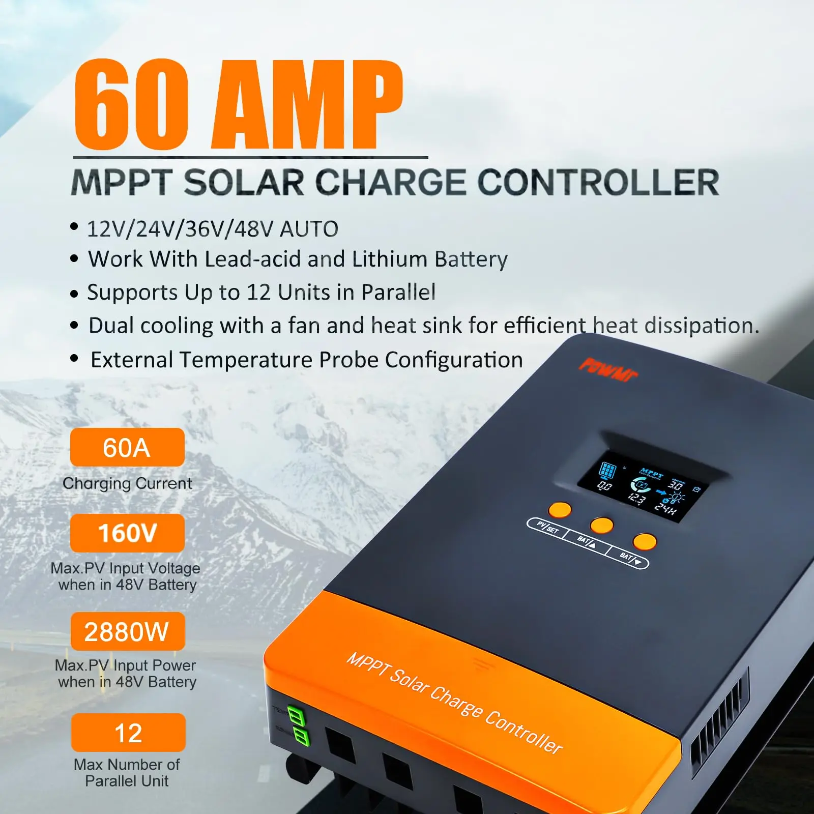 PowMr 60A MPPT Solar Charge Controller Parallel Model for 12V 24V 36V 48V Lifepo4 Battery Panel PV 160V Can Adjust Current 2-60A