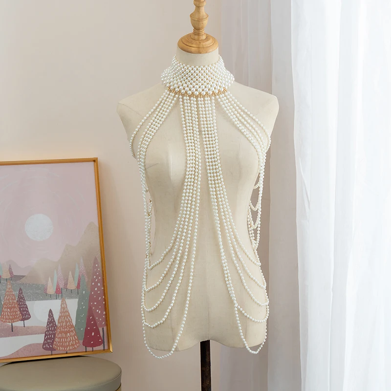 

Luxury Pearl shoulder chain Sexy Body Chain Multi-layer necklace Vintage Pearl Chest Chain Necklace jewelry