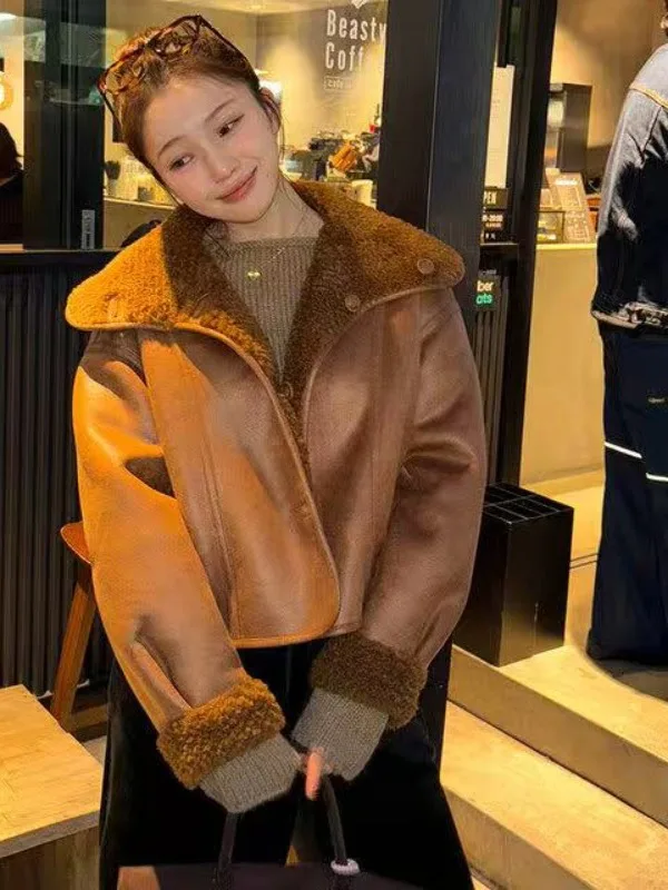 Retro hong kong sle chique dupla face usar pele ecológica couro ort jaet feminino inverno casaco de pele de cordeiro