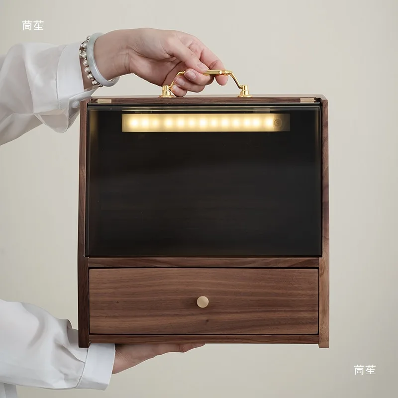 北米産ブラックウォールナット製ティーセット棚、ジュエリー・化粧品収納ボックス、透明防塵無垢材デスクトップ整理ボックス