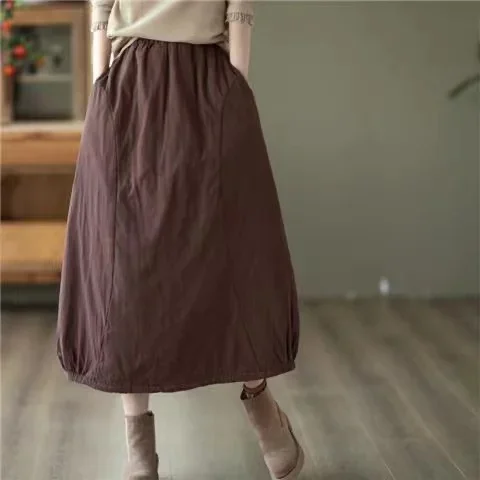 Careaymade New Autumn Winter Print Cotton Skirt Women Elastic Waist Thick Warm Long Skirts Female Loose Vintage Skirts