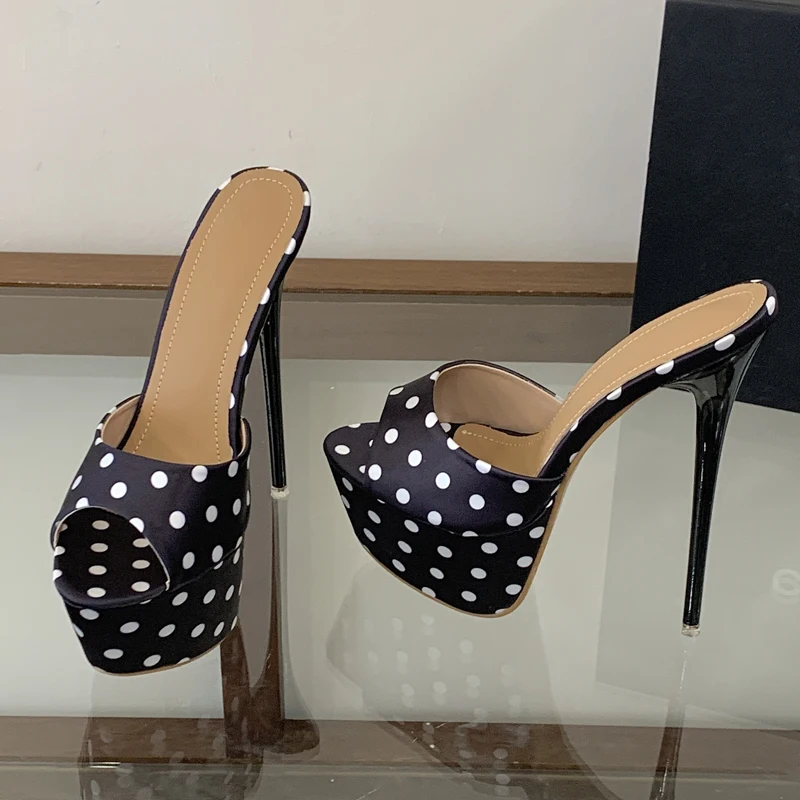 Eilyken Fashion Design Polka Dot Open Toe Women Slippers Sexy Thin Heels Nightclub Stripper Party Slides Shoes