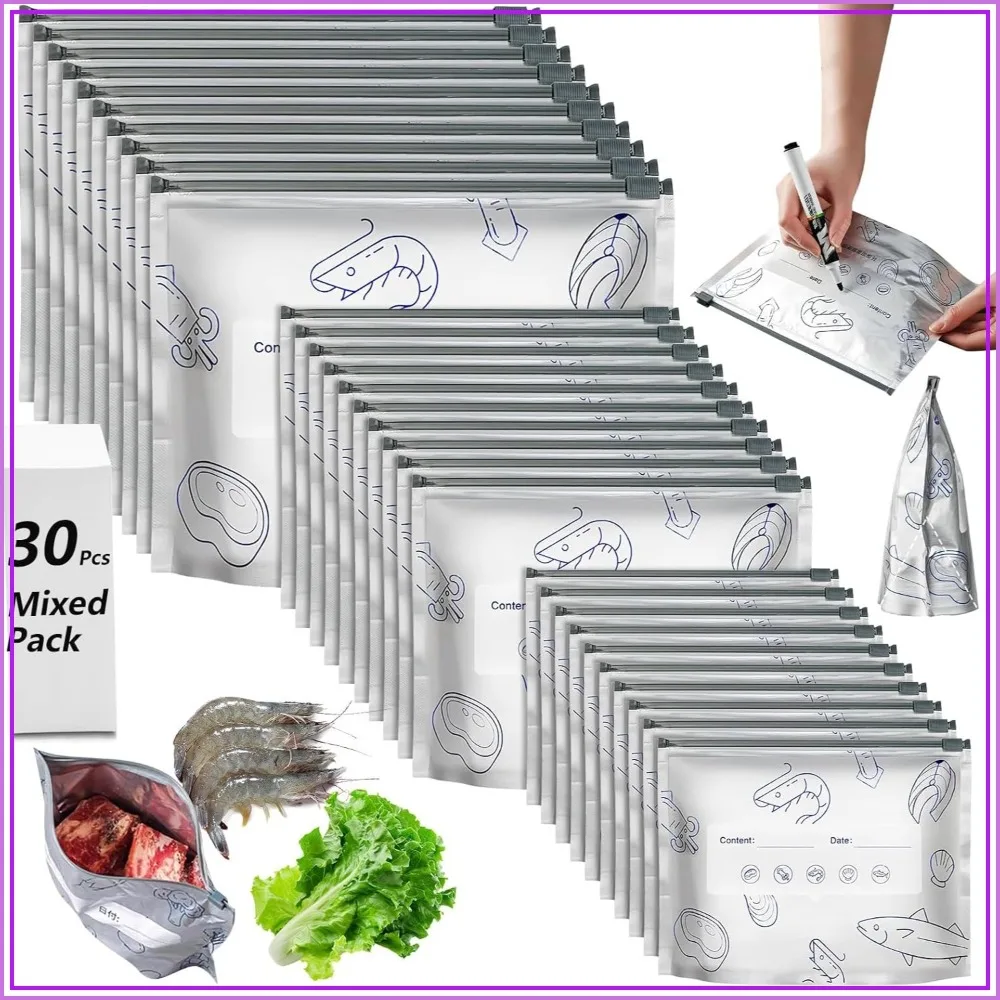 

30 Pcs Reusable Mylar Bags for Food Storage, Waterproof Aluminum Foil Stand Up Pouches for Beans, Rice, Meat, Long Term Preservation, BPA Free