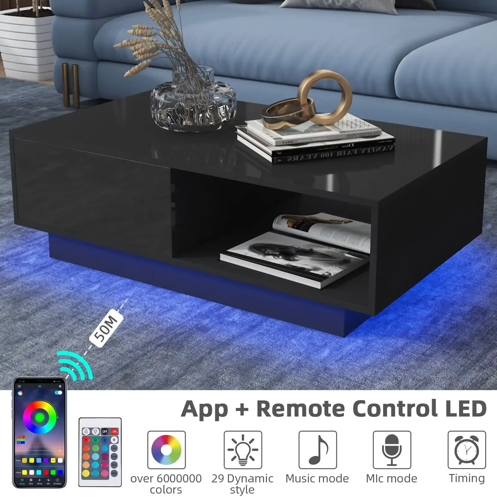 LED Coffee Table Modern Side Tables High Gloss Black Cocktail Table with 2 Drawers Open Shelf for Living Room