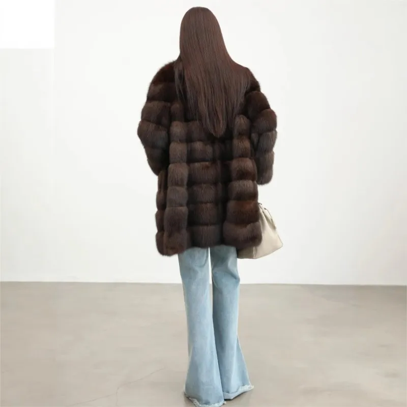 معطف جديد متوسط الطول باللون الأرجواني والأسود والذهبي مع فرو للنساء #3