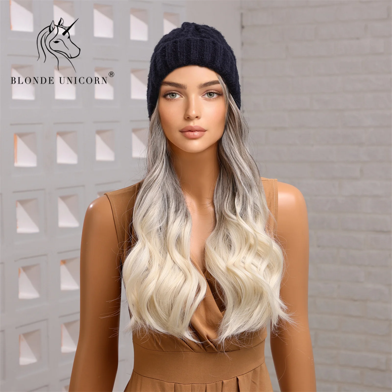 Blonde Unicorn Hat wigs Cap with Hair Ombre Brown Blonde Color Connect Synthetic Hair Women Daily Party High Temperature