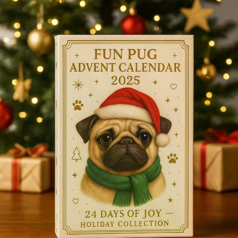 Calendario dell'Avvento carlino 2025, calendario dell'avvento natalizio da 24 giorni con simpatici ornamenti pendenti per cani carlino, regalo di festa per gli amanti dei cani
