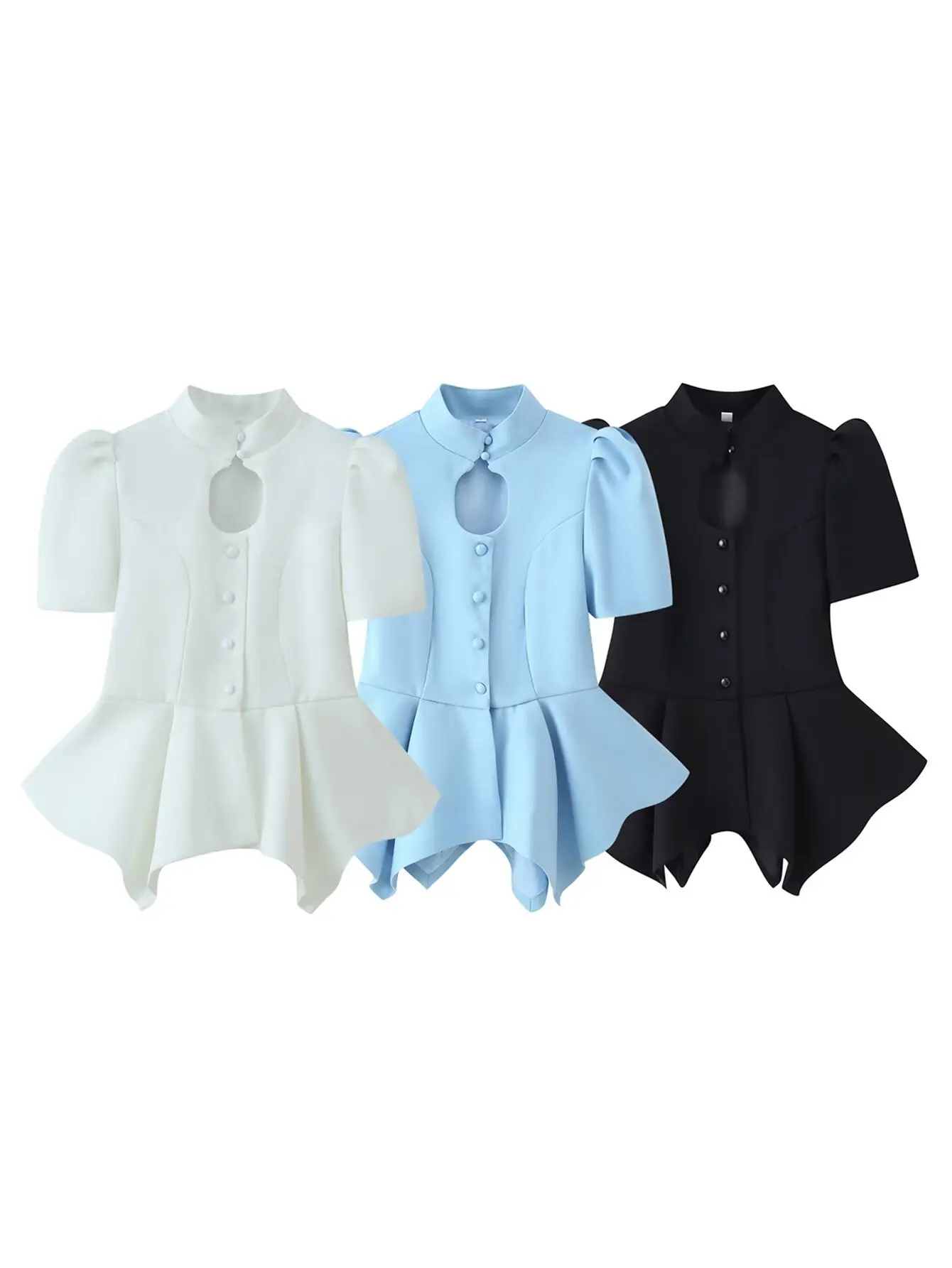 

Women's Puff Sleeve Peplum Blouse Keyhole Neckline Button Front Tailored Ruffles Hem Tops