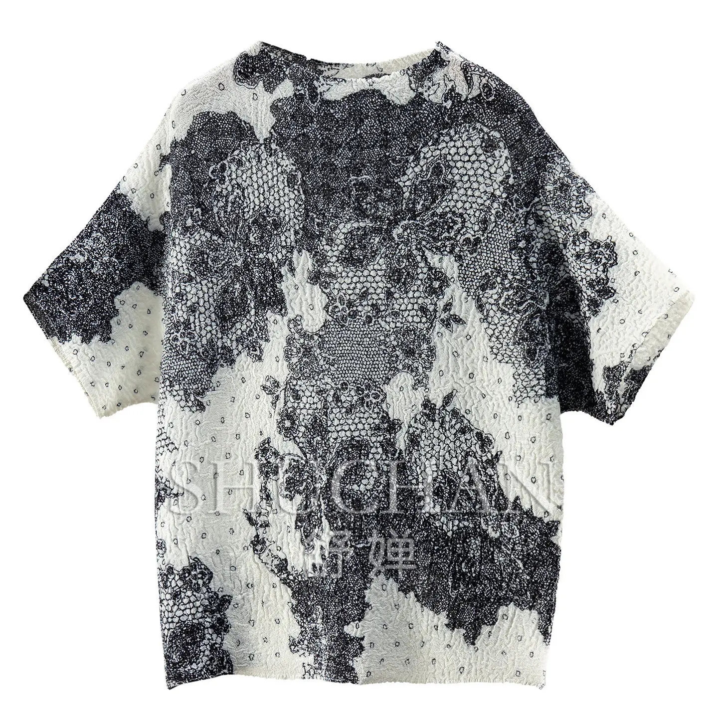 

T Ink Dyed Flowers Blouse Ink Printing Miyake Pleated Round Neck Short-sleeved Shirt Women's 37W0