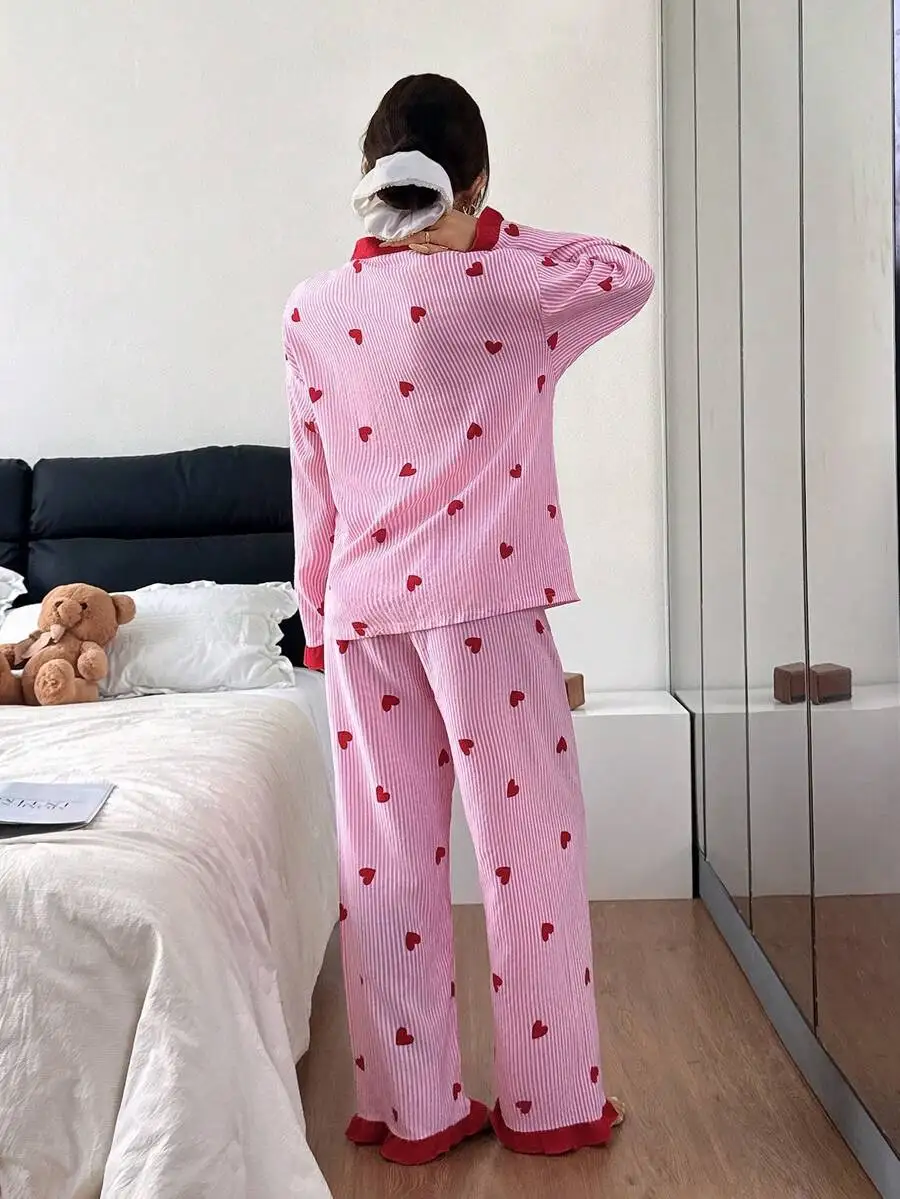 

Womens Pink Striped Heart Print Pajama Set Long Sleeve Sleepwear Winter