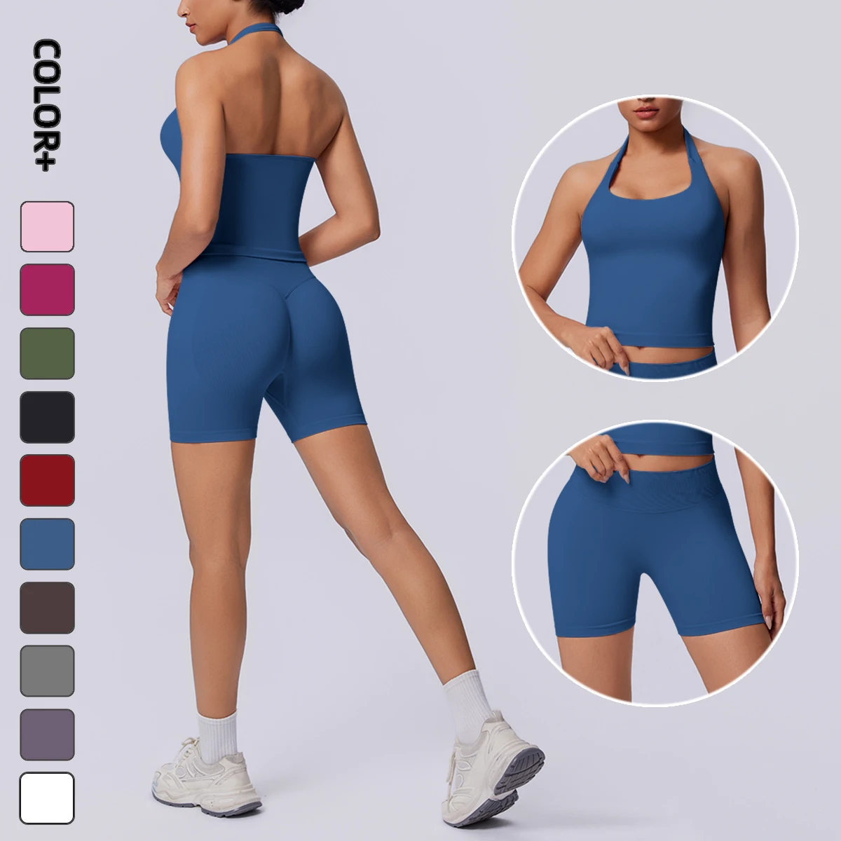 

Rooftrellen Yoga Set for Woman Summer Gym Sports Yoga Vest Bra Sexy Backless Workout Top Hip Push Up Seamless Yoga Shorts Set