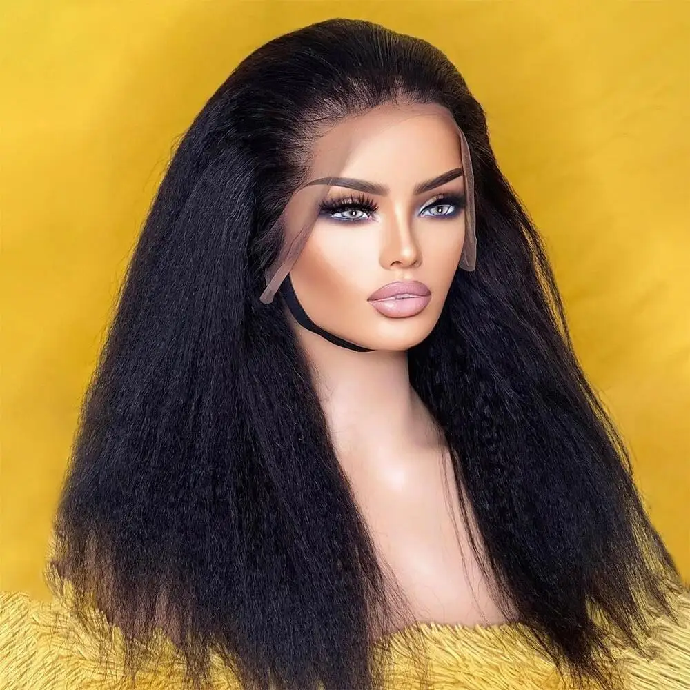 26Inch Long Yaki Soft Black Kinky Straight 180Density Deep Lace Front Wig For Women With Baby Hair Preplucked Glueless Daily