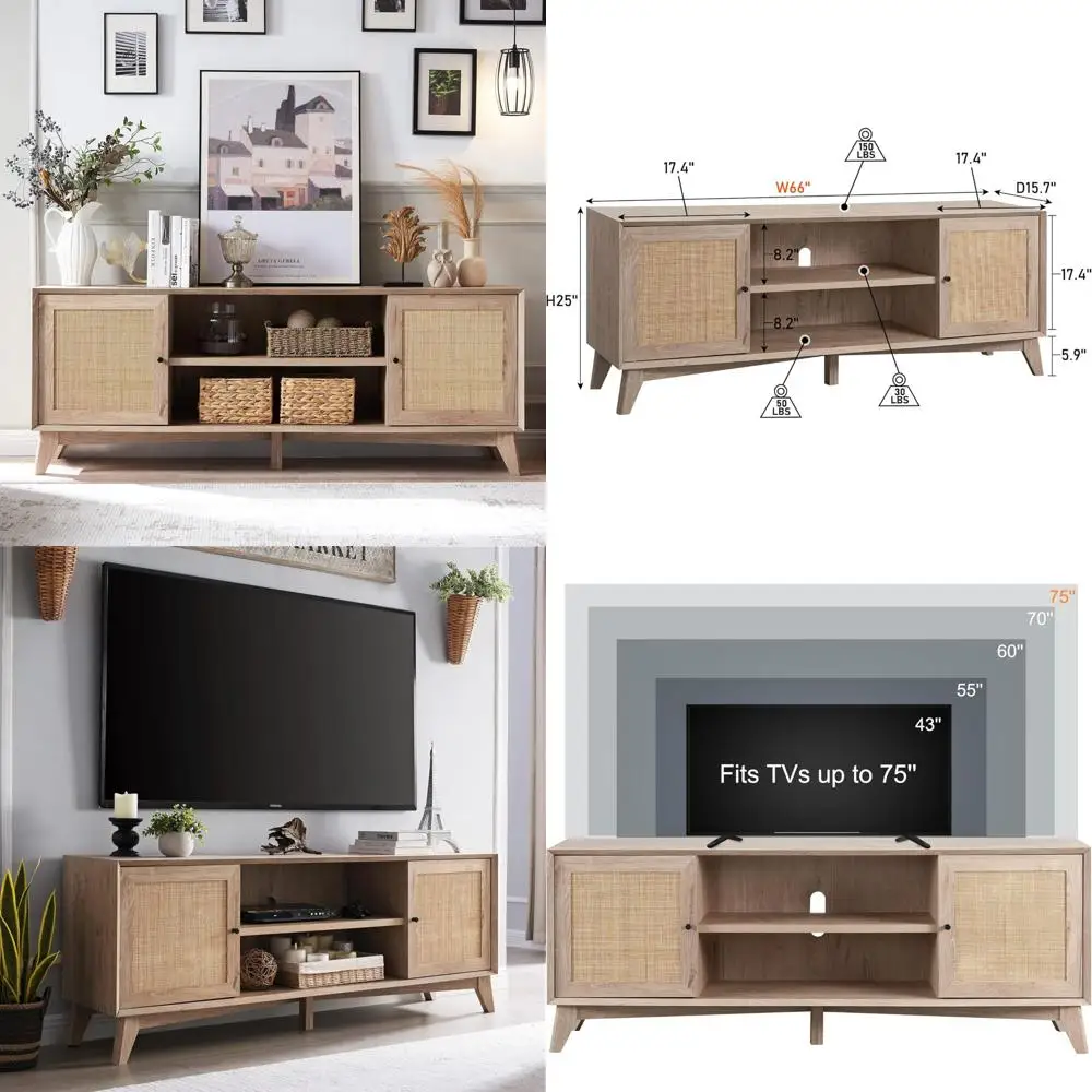 

Mid Century Modern 75 Inch TV Console Table with Storage Shelves, Large Bohemian Style Entertainment Center