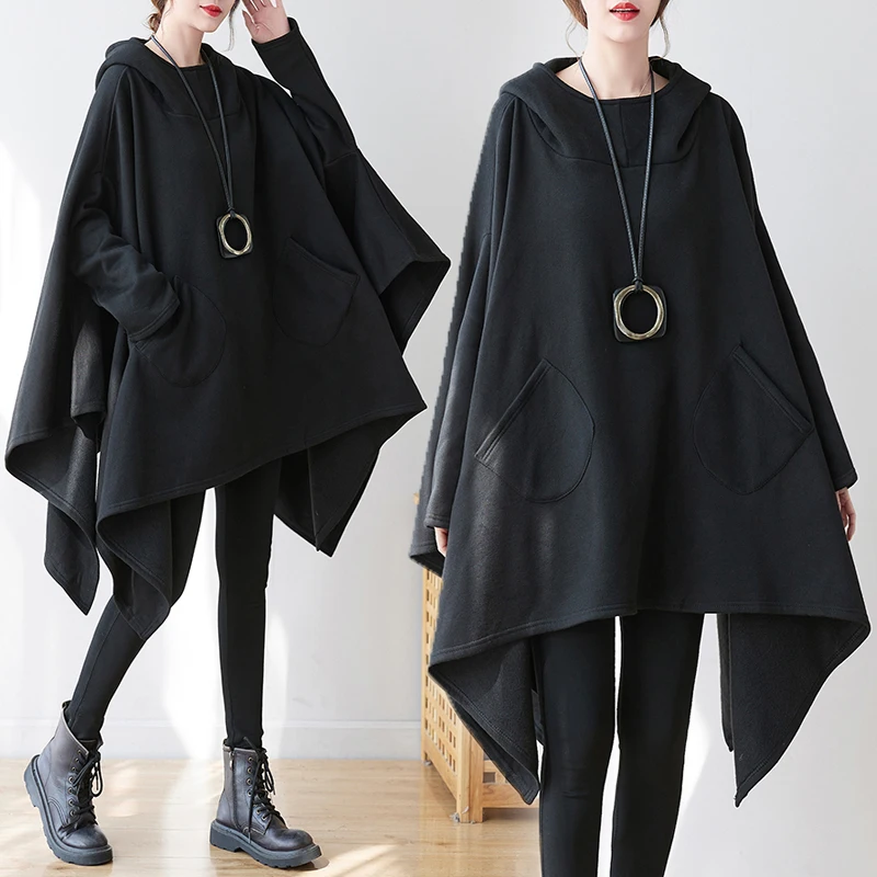 

Утепленная женская толстовка-худи свободного кроя с рукавами «летучая мышь», зимнее пальто большого размера с капюшоном, длинная верхняя одежда из смесового хлопка для повседневной носки