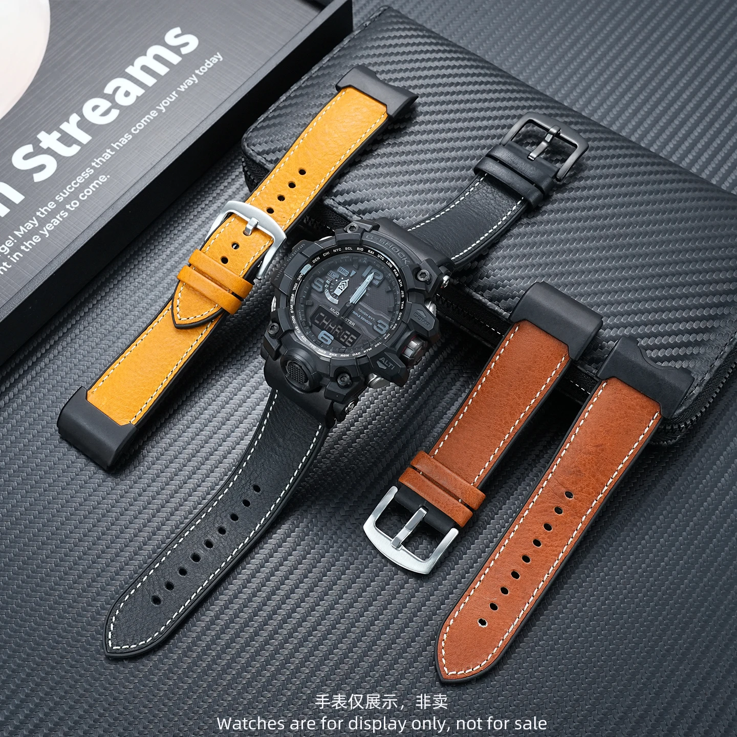 Replacement Italian Leather  Waterproof Rubber Hybrid Strap for Casio G-Shock GWG-1000GB 'Black Gold Mudmaster' Radio Wave Watch