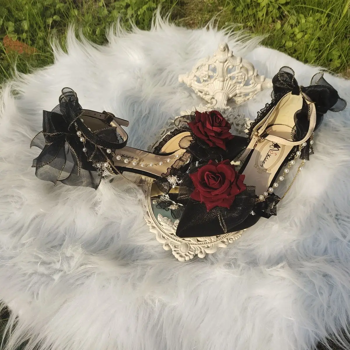 Special-Interest Design Lolita Wear High Heels Black Red L Flower Wedding Pointed Toe Shoes for Women