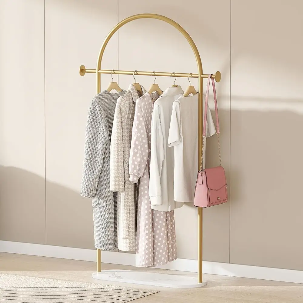 

Modern Arched Metal Garment Ra With Nano-Gold Coating & Marble Base, Tool-Free Assembly For Bedroom Living Room