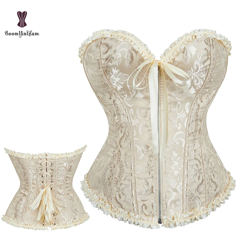 Front Zipper Floral Pleated Trim Bustier Fancy Women Corset Sexy Laced Lingerie Vintage Underwear With G-String 819#