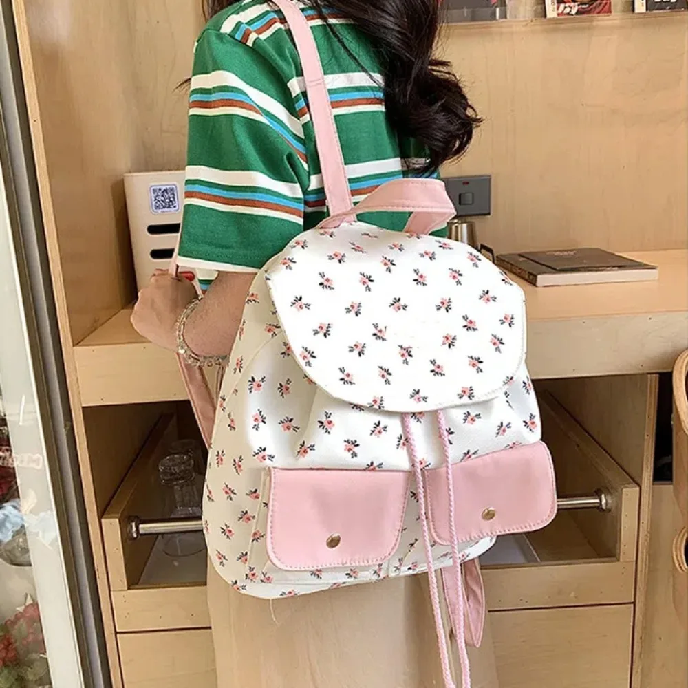 Mochila de lona con patrón de flores para niñas, bolsa de libros con cordón de gran capacidad, mochila de nailon para exteriores, moda