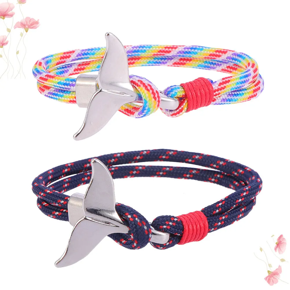 2Pcs Whale Tail Bracelets Men Women Fashionable Nautical Style Paracord Survival Rope Wristband Long Wear Life Like Design Gift