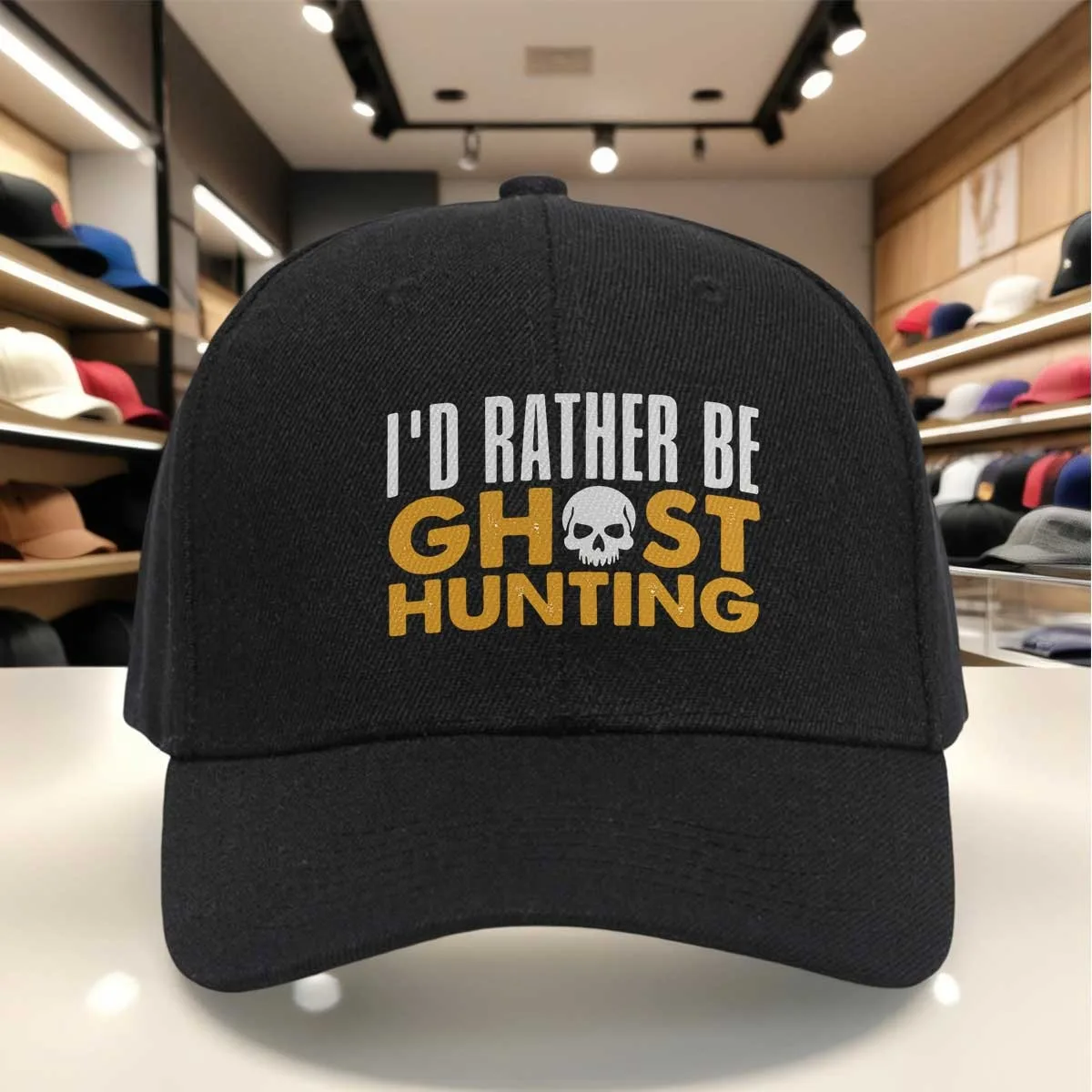 I'D Rather Be Ghost Hunting Baseball Cap, Spooky Skull Letter Print Hat for Outdoor Adventures, Adjustable Cap