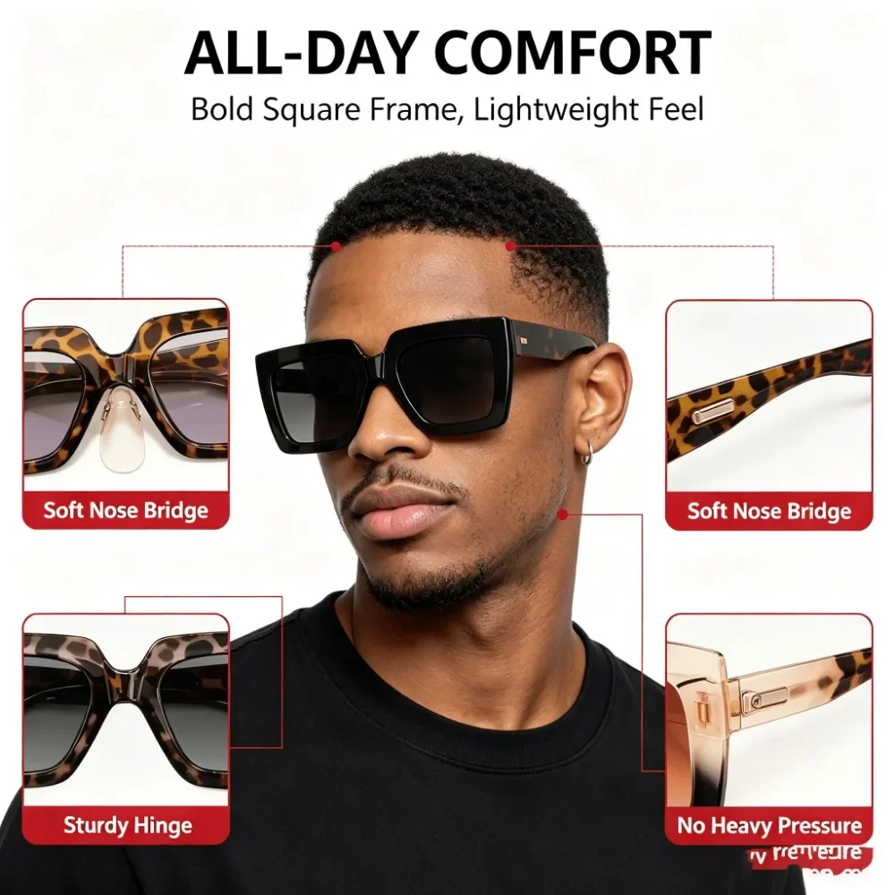 5-Pack Women's Oversized Square Sunglasses, Leopard Print Gradual Change Lenses Fashionable Sunglasses, UV400 Protection Fashionable Large Frame Glasses, Suitable for Daily Wear on Beach Trips, Recommended for Christmas and Halloween Gifts