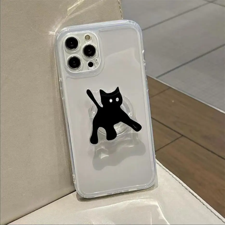 Case For OPPO A98 Reno 10 5G 10 Pro Plus 8T 4 2F 7Z 8Z 5Z 6Z 8 5G 5 6 Lite A58 A78 A1K Cover Clear TPU Black Flower Cat Holder