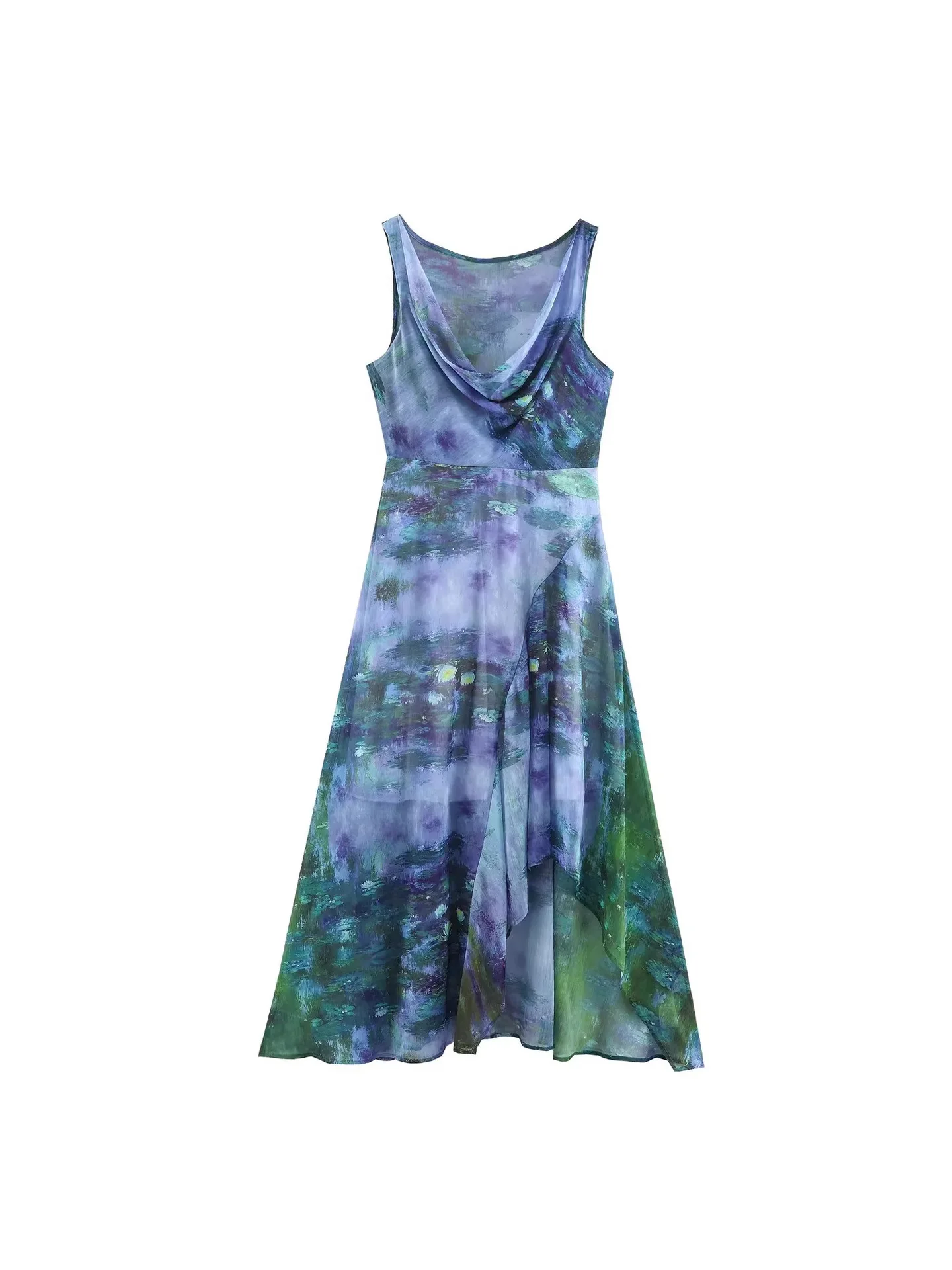 

Новое женское платье Withered Spring в стиле ретро: приталенное, с принтом, воротником-стойкой и асимметричным подолом, без рукавов