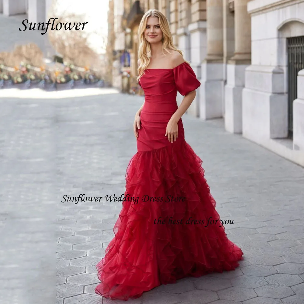 

Sunflower Boat Neck Mermaid Formal Evening Dress 2023 Slim Tiered Tulle Cap Sleeve Floor-Length High-end Custom Prom Gowns