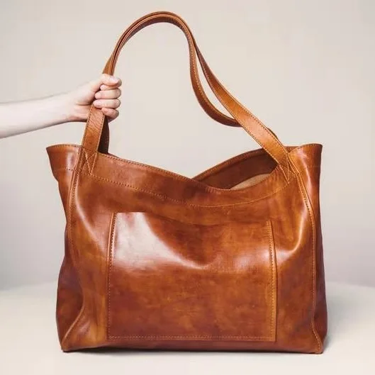 Women\'s large bag with pocket Soft leather portable One shoulder Vintage oil wax leather Large capacity 2024 new Tote bag Woman