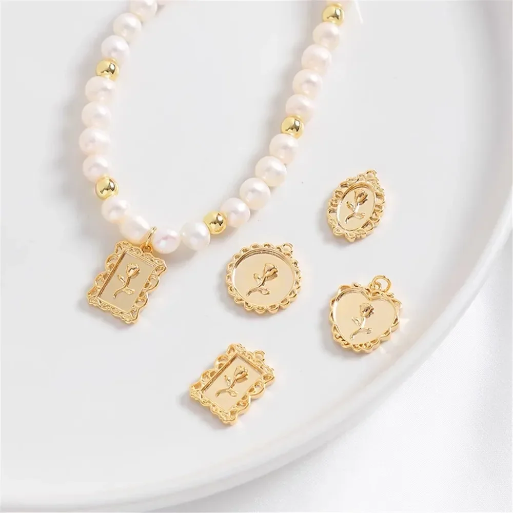 14K Gold Color Rose Hang Tag Round Square Heart Pendant DIY Bracelet Necklace Jewelry Material Accessories L461