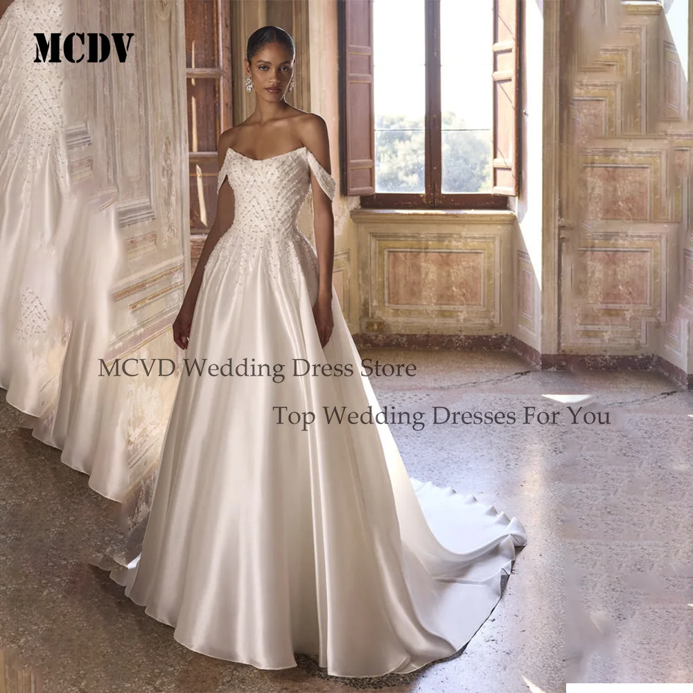

MCDV Vintage Wedding Dresses Bride 2026 Off Shoulder Beaded Backless A-Line Sweep Train vestido de novia para boda Customized