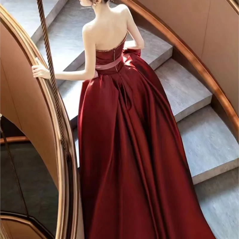 Red Strapless Dress Female Satin Toast New