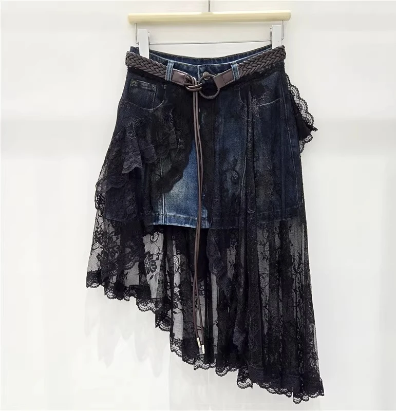 Rua irregular chique elegante renda emenda moda idade-reduzindo saia jeans feminino outono cintura alta solta coreano bolo saias